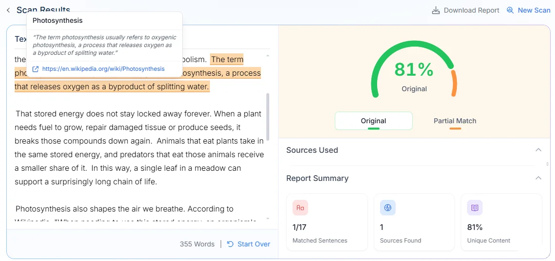 Phrasly report source popup linking a matched sentence to the Wikipedia Photosynthesis article.