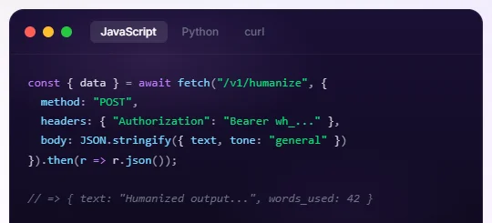 WriteHuman API code example showing a JavaScript POST request to the humanize endpoint with a Bearer token, and a JSON response.