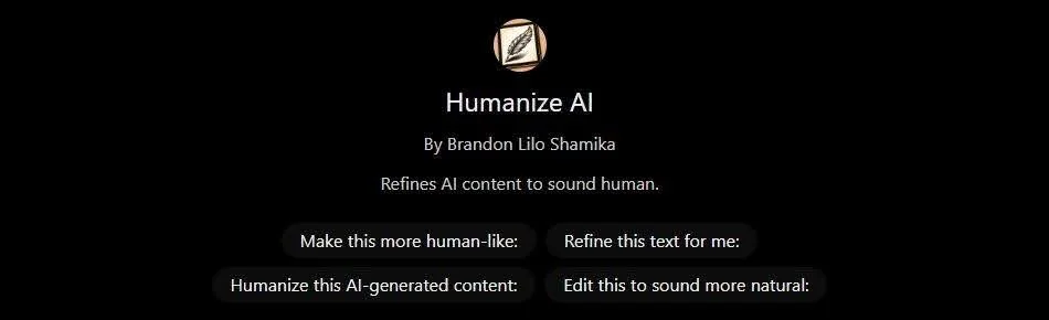 The Humanize AI custom GPT page in ChatGPT, showing the creator line By Brandon Lilo Shamika and the description Refines AI content to sound human.
