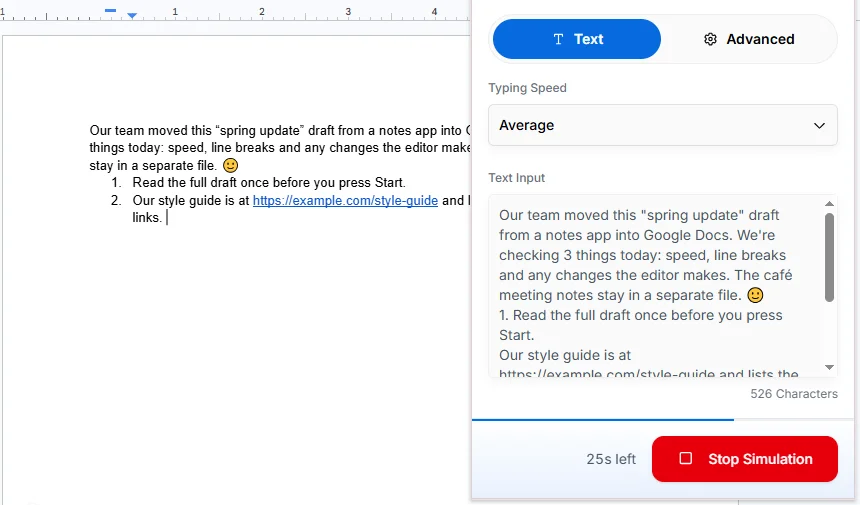 Phrasly Human Auto Typer typing into Google Docs with a red Stop Simulation button and a 25 seconds left countdown