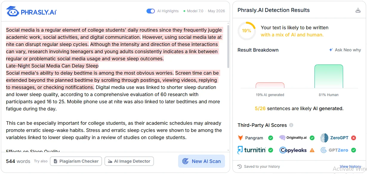 can ai detectors detect paraphrased text, Phrasly AI Detector showing 19% AI and a mix of AI and human for the paraphrased sample