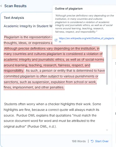 Phrasly Plagiarism Checker showing a clicked highlight with the matched sentence and its source link
