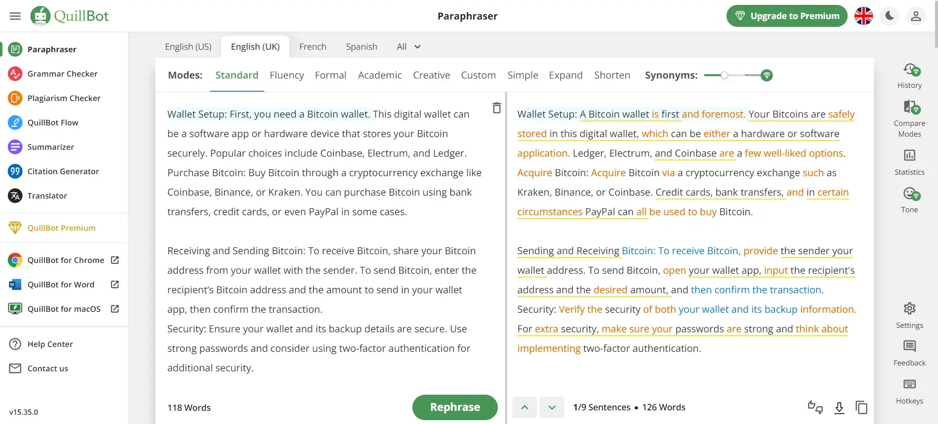 QuillBot Paraphraser in Standard mode rewording the ChatGPT text, with 118 words in and 126 words out.