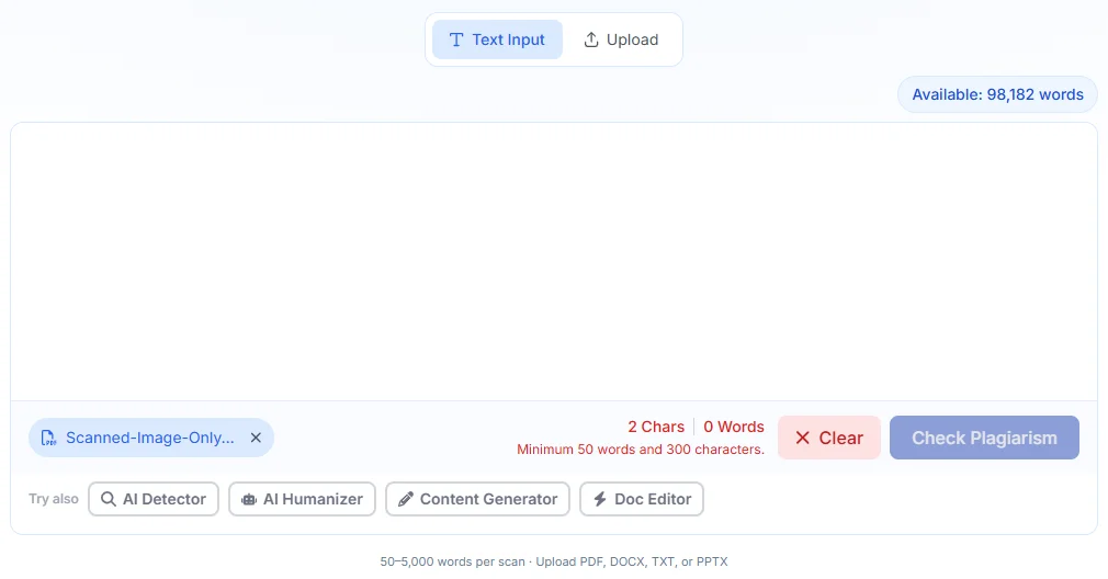 Phrasly Plagiarism Checker showing 0 words and a minimum-length message after an image-only PDF upload.