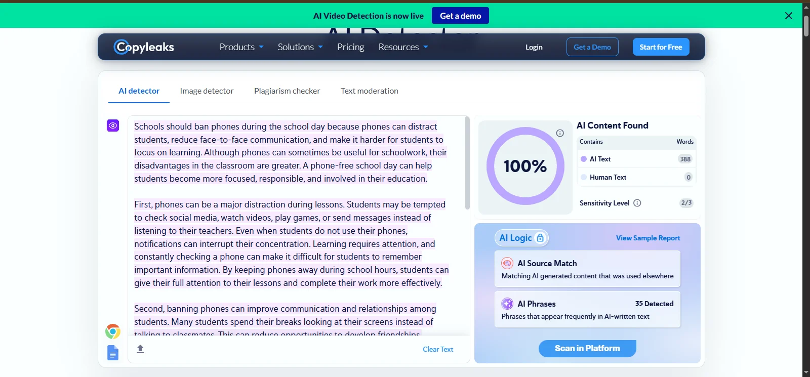 Copyleaks AI detector scan of an unedited 388-word ChatGPT essay on school phone bans, showing AI Content Found at 100%, with all 388 words marked as AI text and 0 as human.