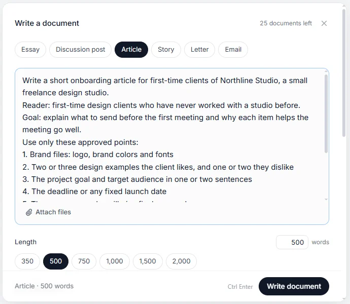 Phrasly AI Writer "Write a document" screen with Article selected, 500 words set, and the Northline Studio onboarding brief listing the reader, goal and approved points.