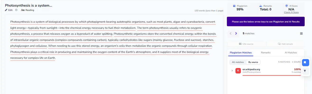 Quetext plagiarism report highlighting matched text and its sources