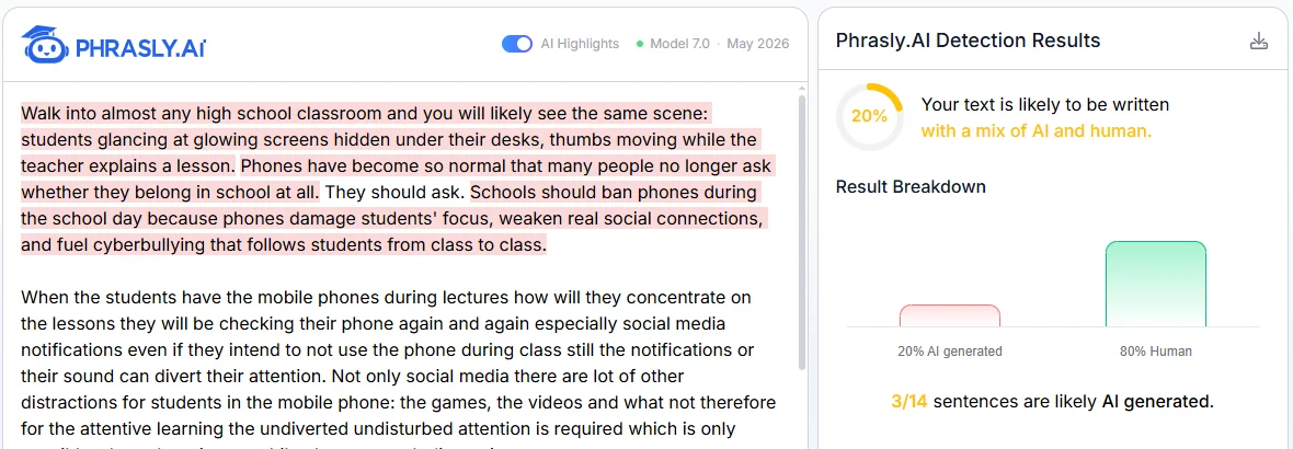 Phrasly AI Detector scan of a partly rewritten Claude essay rated a mix of AI and human at 20% AI, with 3 sentences in paragraph 1 highlighted and hand-rewritten paragraph 2 unhighlighted.