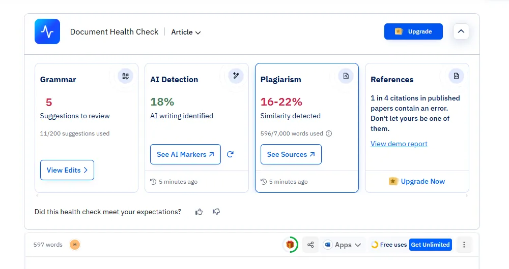 Paperpal: 16-22% similarity, shown as a range on the free plan.