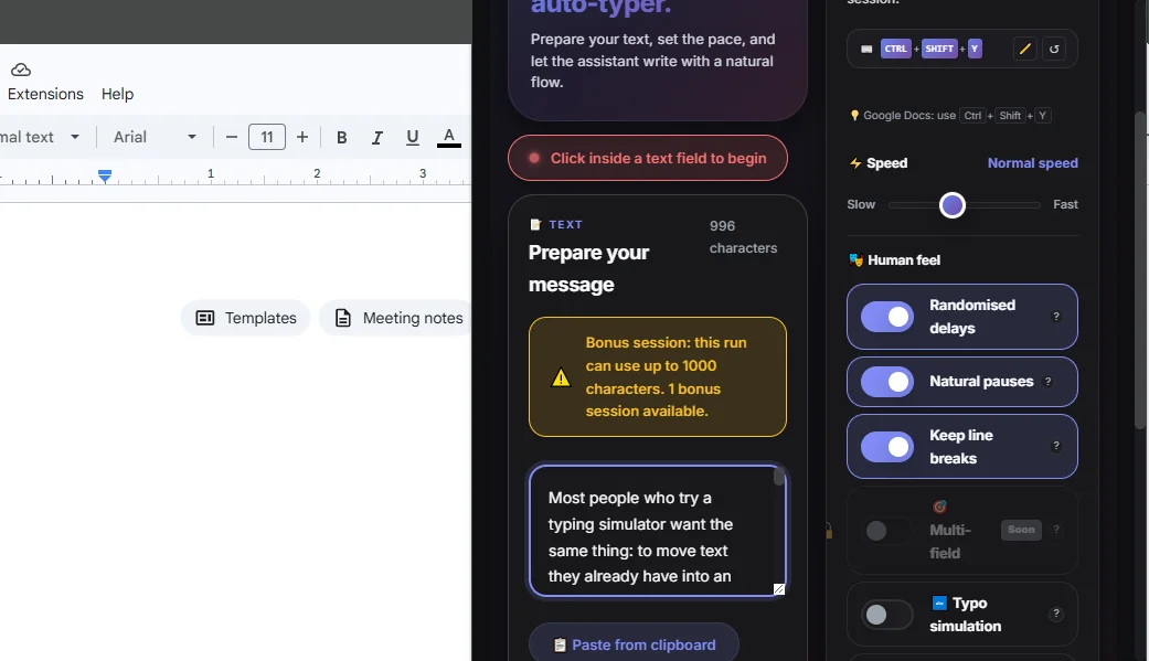 HumanTyper panel in Google Docs showing the bonus session notice of up to 1,000 characters, the speed slider and human feel toggles.