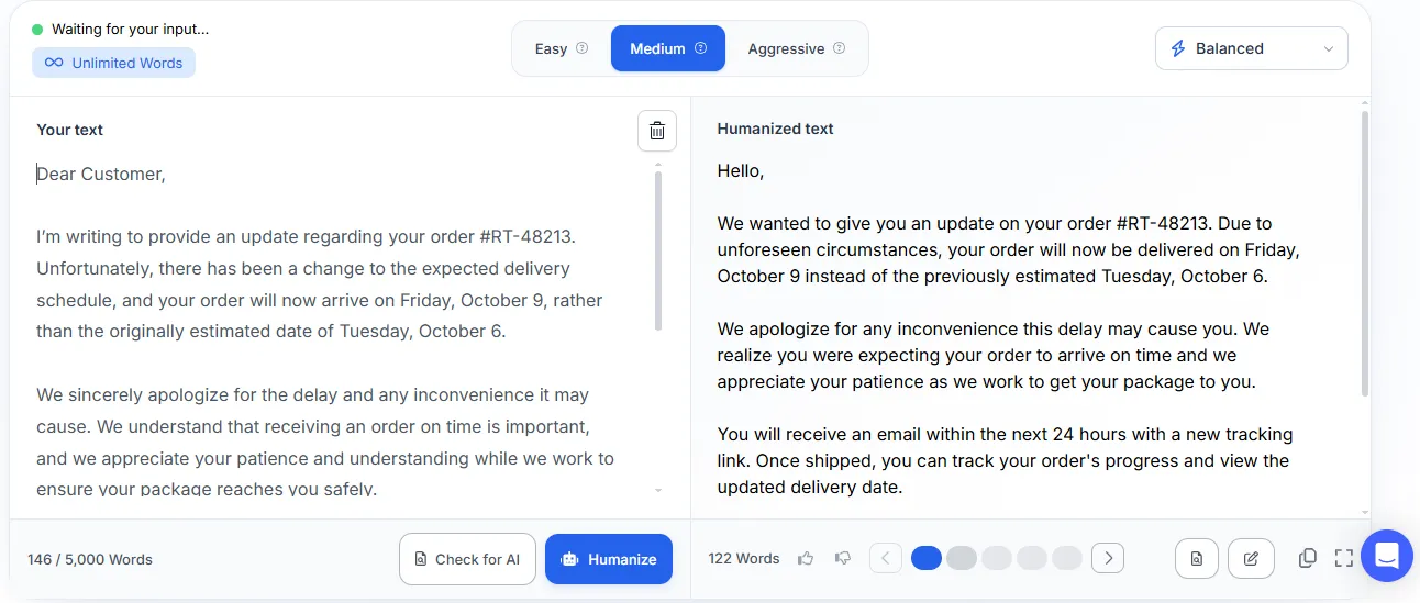 Phrasly AI Humanizer (phrasly.ai), Balanced model at Medium strength, Test 2 customer email. Tested October 1, 2026.