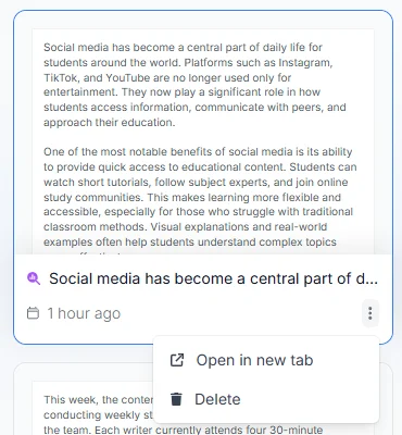 A saved plagiarism scan on Phrasly's History page with its menu open, showing Open in new tab and Delete options.
