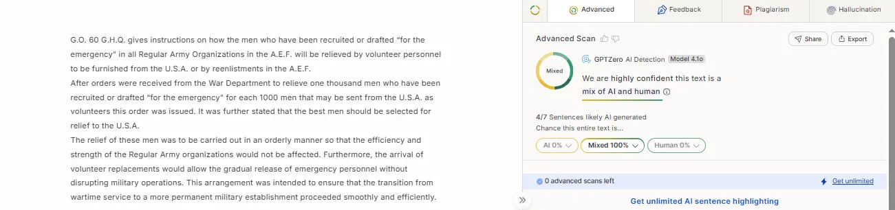 Turnitin vs GPTZero test: GPTZero labels the mixed sample Mixed with 4 of 7 sentences likely AI