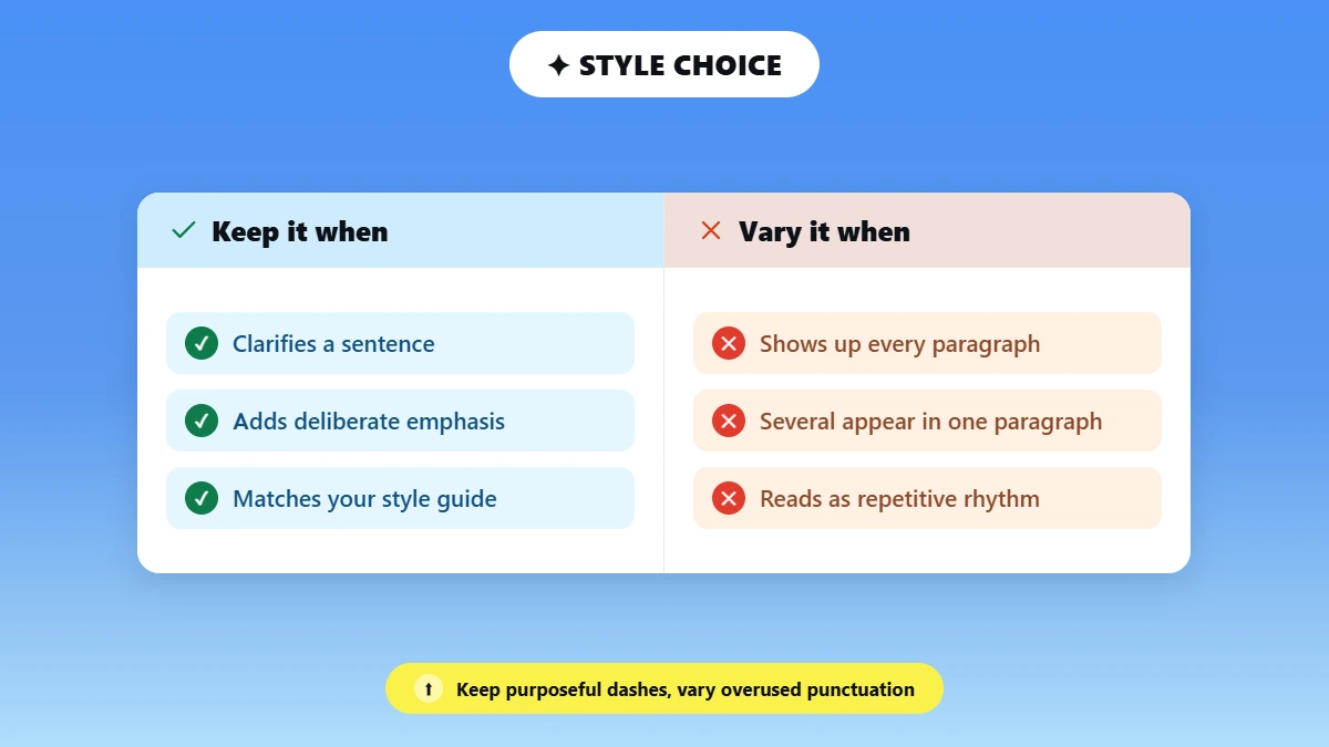 Pros and cons list for keeping or varying em dashes