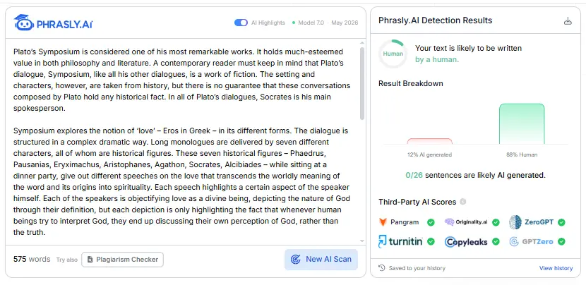 Phrasly shows 12% AI and 88% human for the test essay