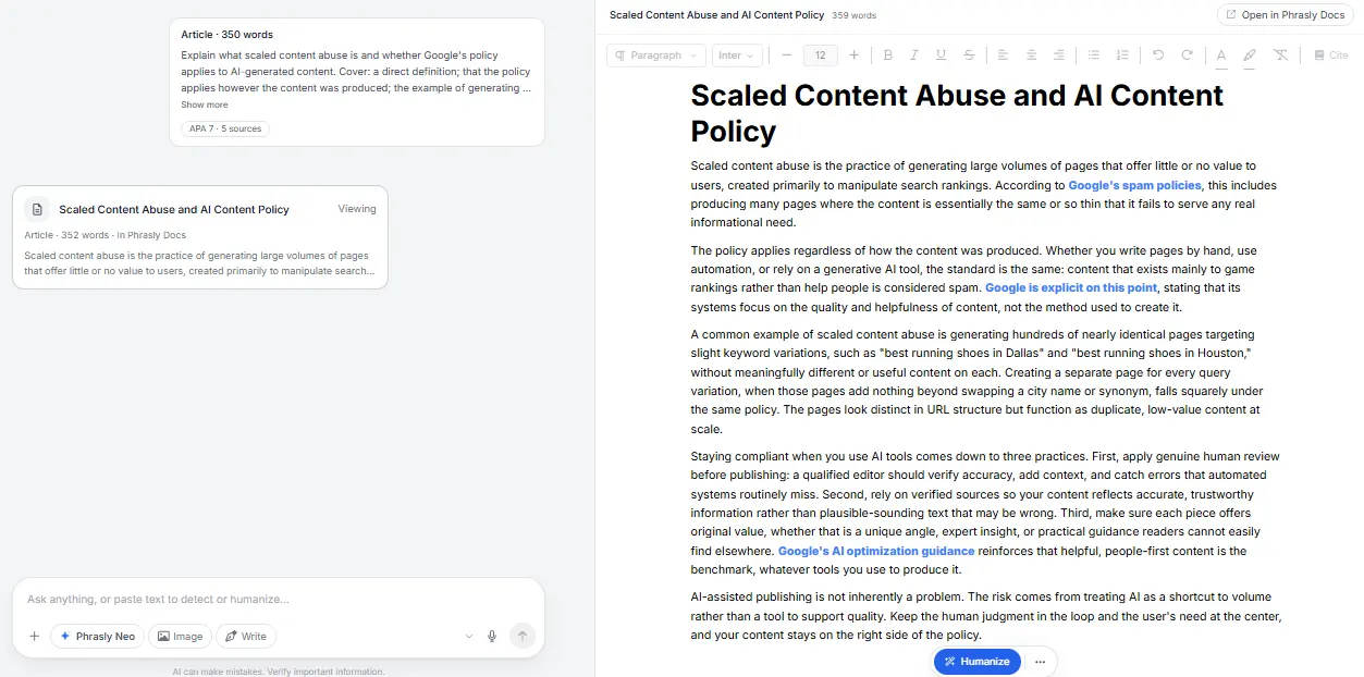 Phrasly AI Writer draft with in-text source links visible in the document