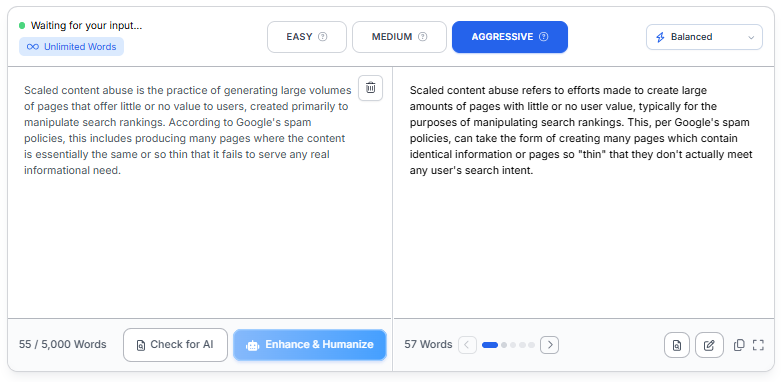 Phrasly AI Text Enhancer showing the Easy, Medium and Aggressive levels with a rewritten paragraph