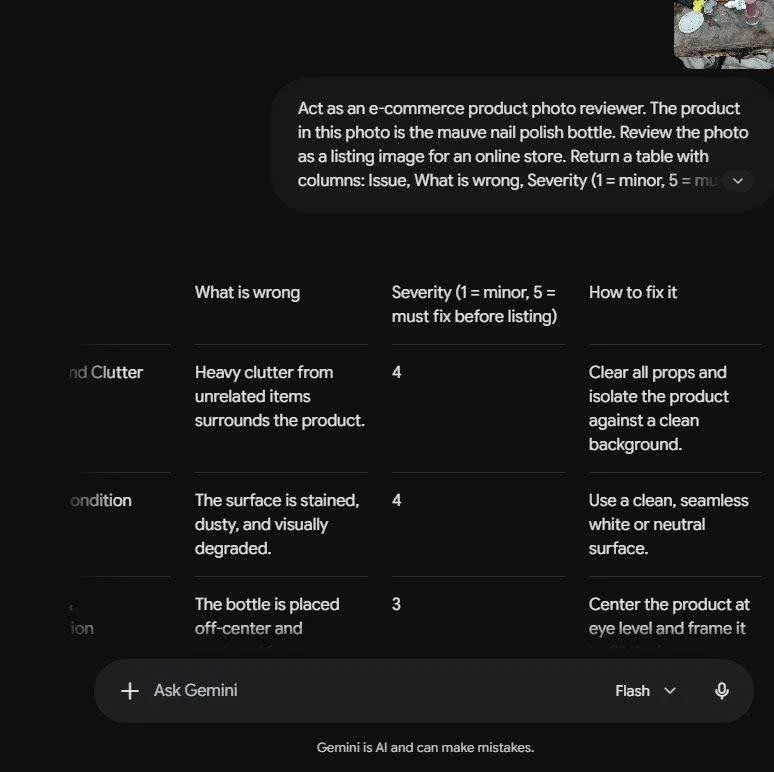 Gemini Prompt Generator example: Gemini 3.8 Flash table reviewing a product photo with issue, severity and fix columns