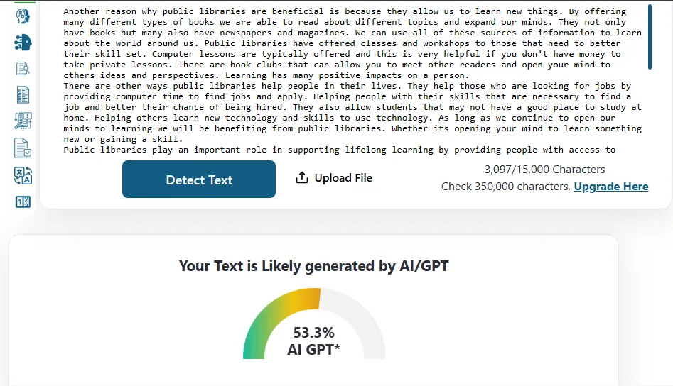 ZeroGPT, mixed passage: 53.3% AI. Tested October 18, 2026.