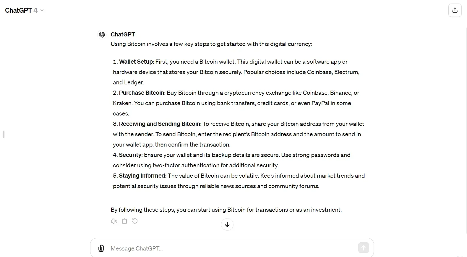 ChatGPT 4 response listing five steps for using Bitcoin, used as the AI-written source text in our test.