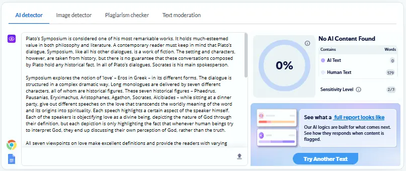 Copyleaks finds no AI content in the test essay