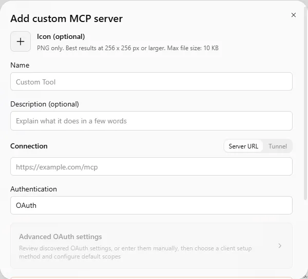ChatGPT's “Add custom MCP server” form, opened from Plugins, then Add. Tested October 14, 2026.