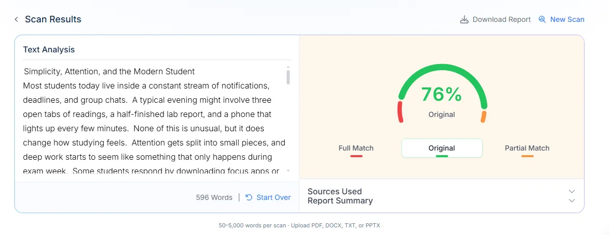 Phrasly: 76% original (24% matched), all 596 words read.