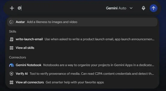 Gemini Prompt Generator guide: Gemini chat menu listing a saved write-launch-email skill after typing @