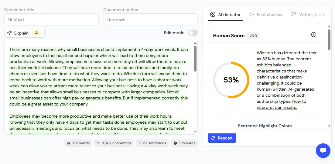 Winston AI, mixed sample (M1): 53% Human Score. Tested October 11, 2026.