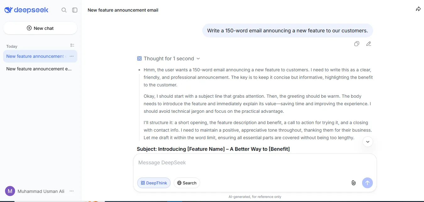 DeepSeek with DeepThink on: the reasoning sits in a separate “Thought for 1 second” box above the email, and the copy button leaves it out. Tested October 22, 2026.