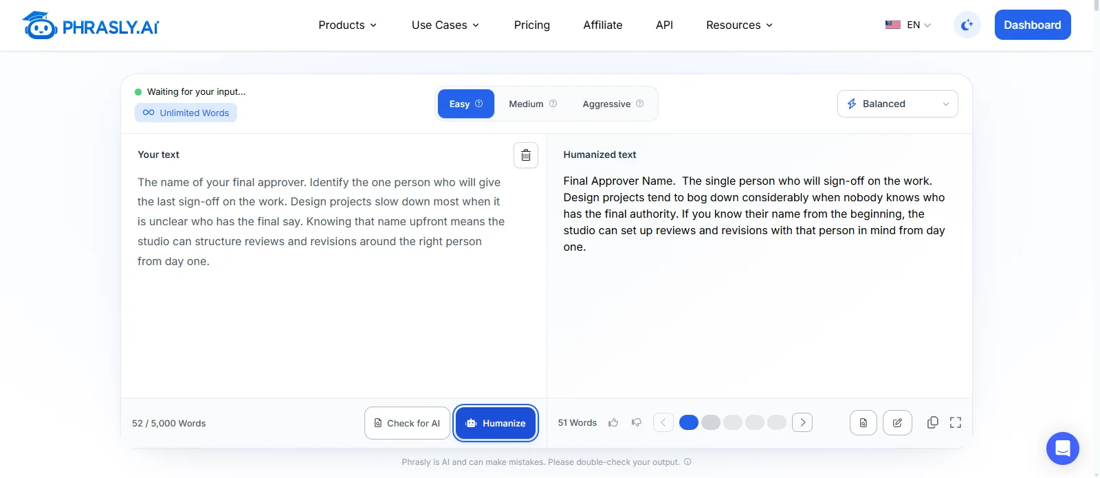Phrasly AI Humanizer at Easy level in Balanced mode, with the 52-word final-approver paragraph on the left and the 51-word Version 1 on the right, where the instruction "Identify the one person" has become the fragment "The single person who will sign-off on the work."