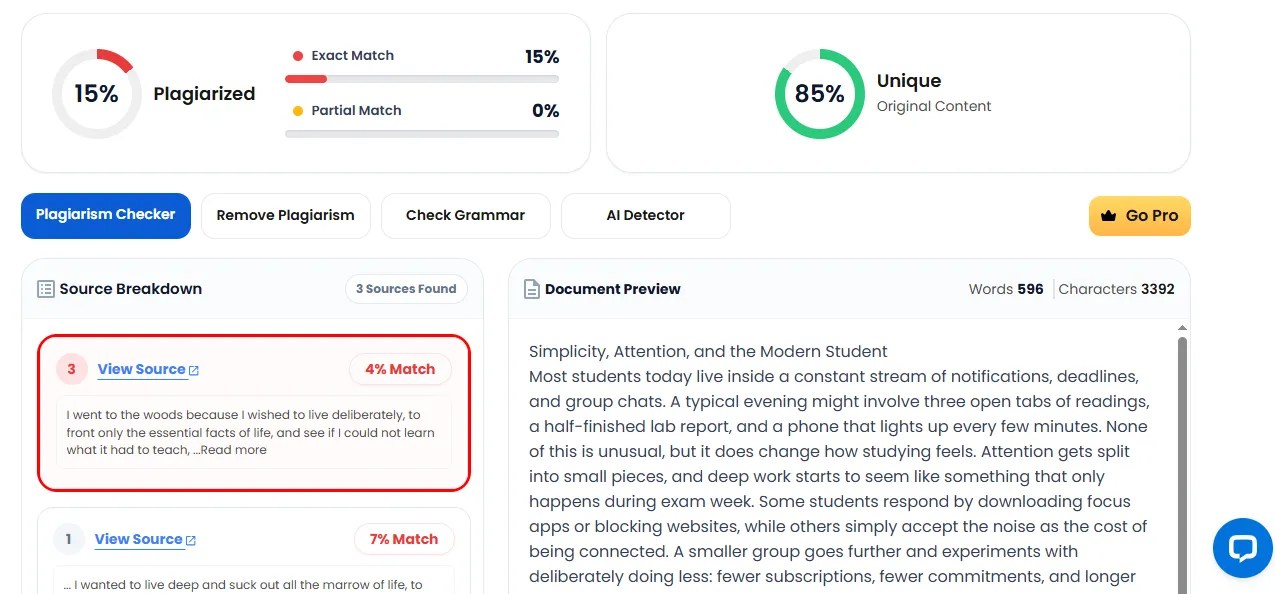 DupliChecker: 15% exact match, with sources pointing to the copied Walden passage.