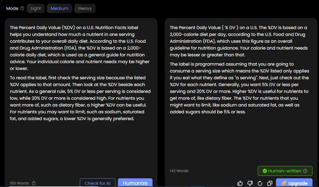 Humanize.io (humanize.io), Medium mode, Test 3 factual explainer. Tested October 1, 2026.