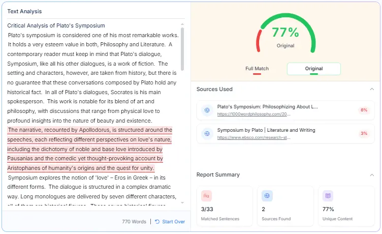 Phrasly Plagiarism Checker report showing a highlighted copied sentence, a 77% original score and two matched sources