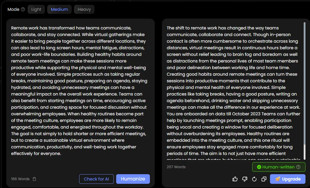 Humanize.io (humanize.io), Medium mode, Test 1 blog intro. Tested October 1, 2026.
