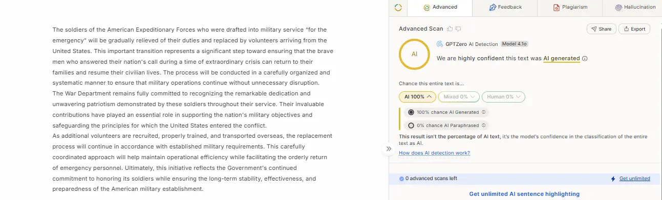 Turnitin vs GPTZero test: GPTZero labels the ChatGPT sample 100% AI