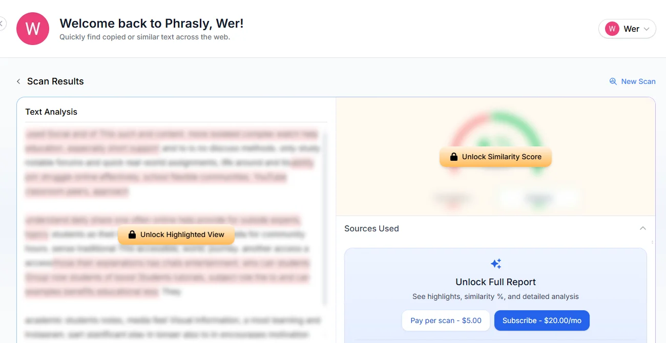 Second plagiarism scan on a free Phrasly account with the similarity score and highlights blurred, and Pay per scan $5.00 and Subscribe $20.00/mo buttons.