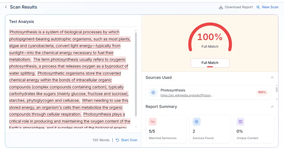 Phrasly plagiarism checker showing matched text and linked sources