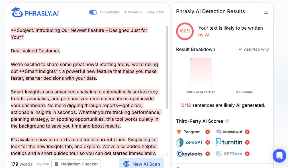 S1 in Phrasly AI Detector: 100% AI. Tested October 17, 2026.
