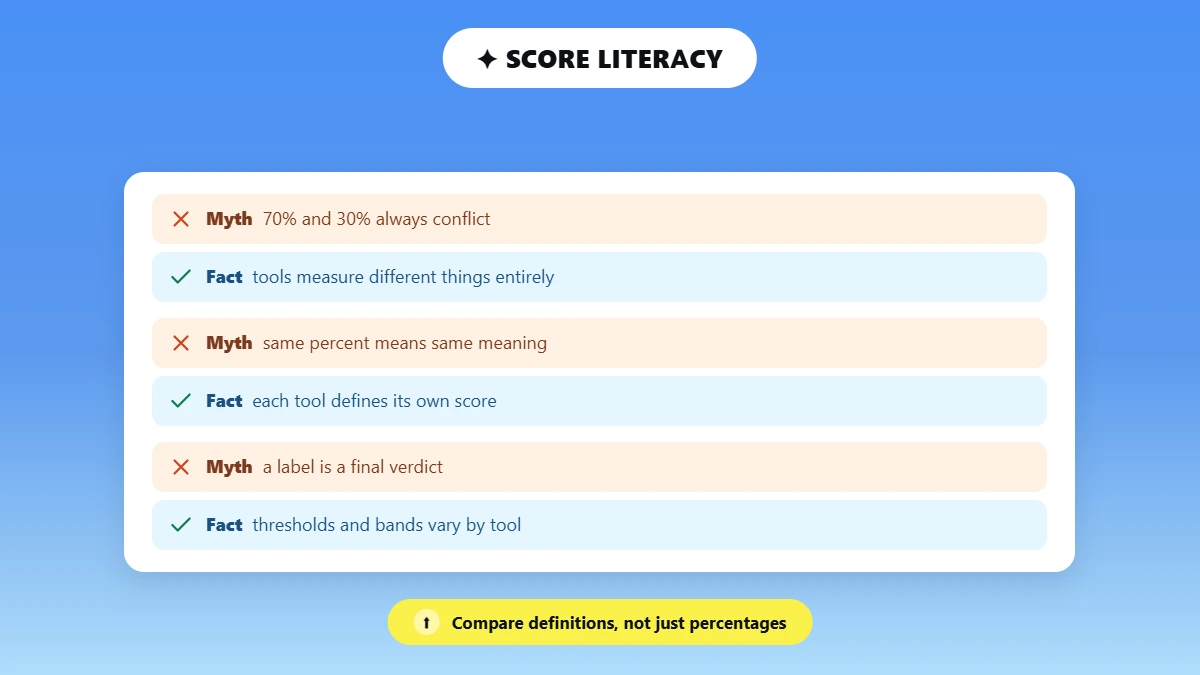 Myth versus fact cards on how AI detector scores are defined