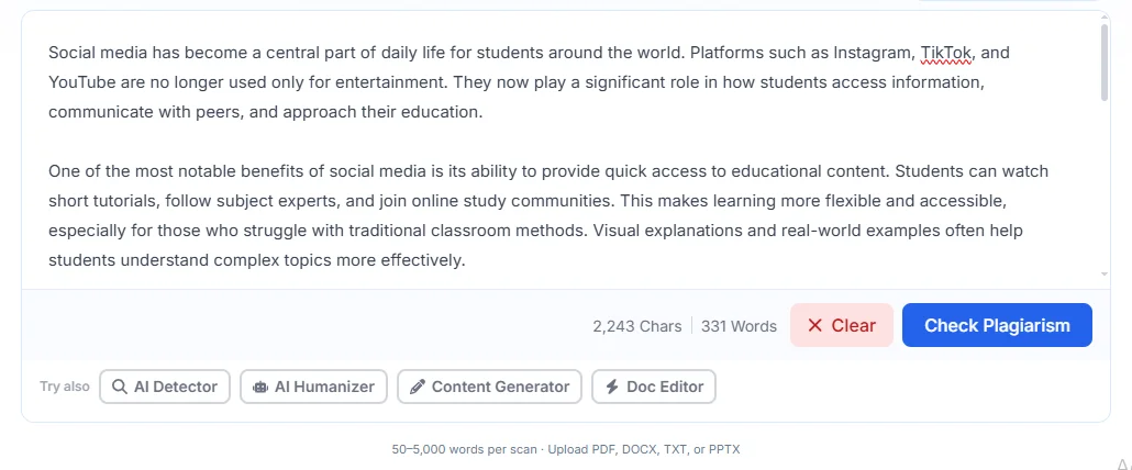 check for plagiarism and ai free Phrasly Plagiarism Checker text box with a 331-word essay pasted in, showing the word count, the Check Plagiarism button and the 50 to 5,000 word limit