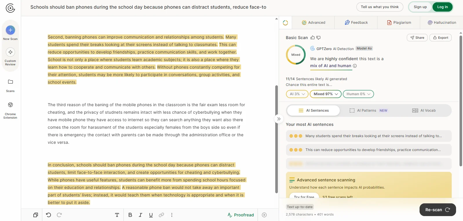 GPTZero scan of a 401-word partly rewritten ChatGPT essay rated a mix of AI and human at 97% mixed, with 11 of 14 sentences likely AI, the unedited paragraphs highlighted and the hand-rewritten paragraph unhighlighted.