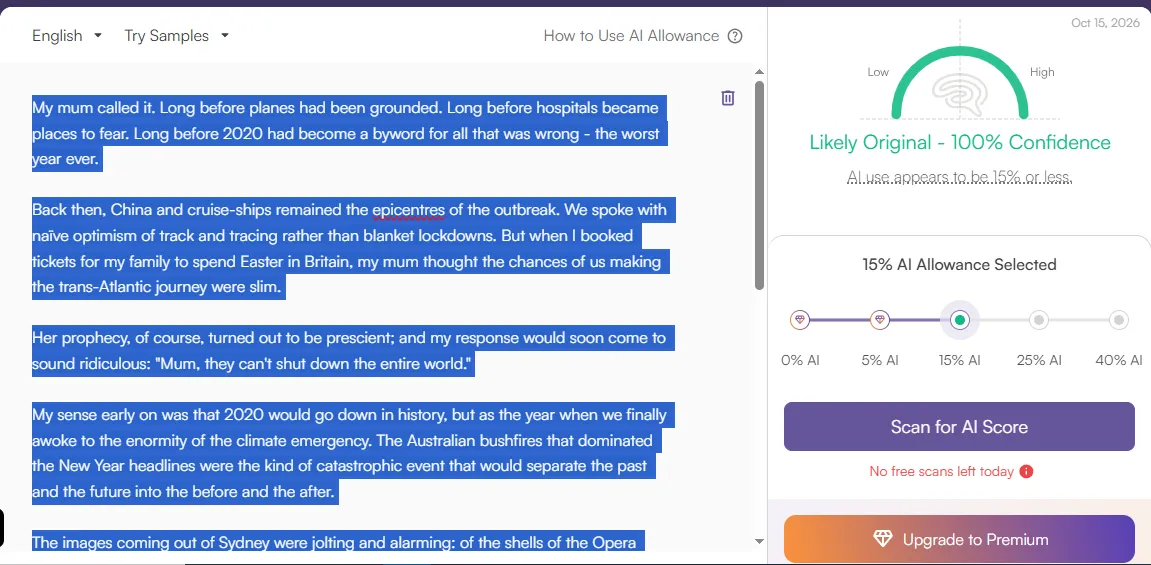 Annotated Originality.AI result from our October 15, 2026 spot check: Likely Original, 100% confidence, at the 15% AI Allowance setting on our pre-2022 human sample.