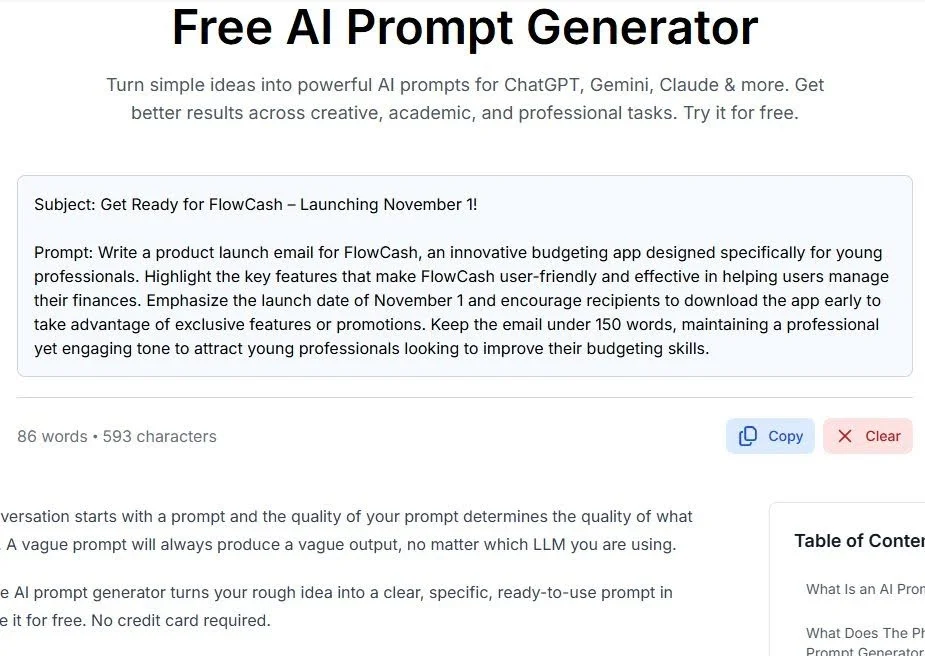 Gemini Prompt Generator output showing an 86-word Gemini prompt for a FlowCash product launch email