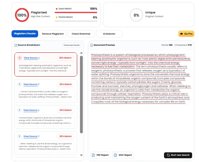 DupliChecker plagiarism result showing matched text and its sources