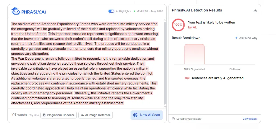 Turnitin vs GPTZero test: Phrasly AI Detector highlights all 8 ChatGPT sentences