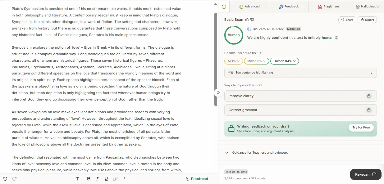 GPTZero rates the test essay 94% likely human