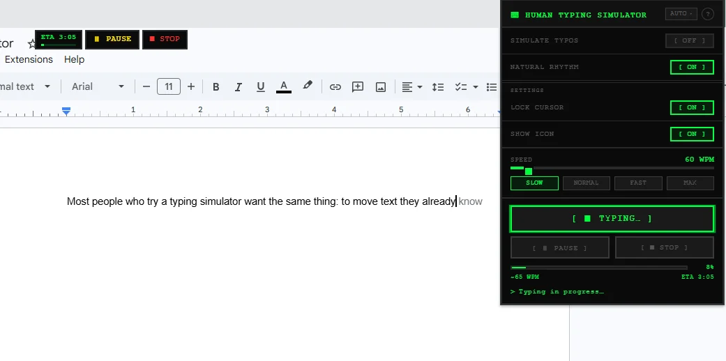 Human Typing Simulator by Quyet Tran typing into Google Docs, with the speed set to 60 WPM, typo simulation off, and Pause and Stop controls.