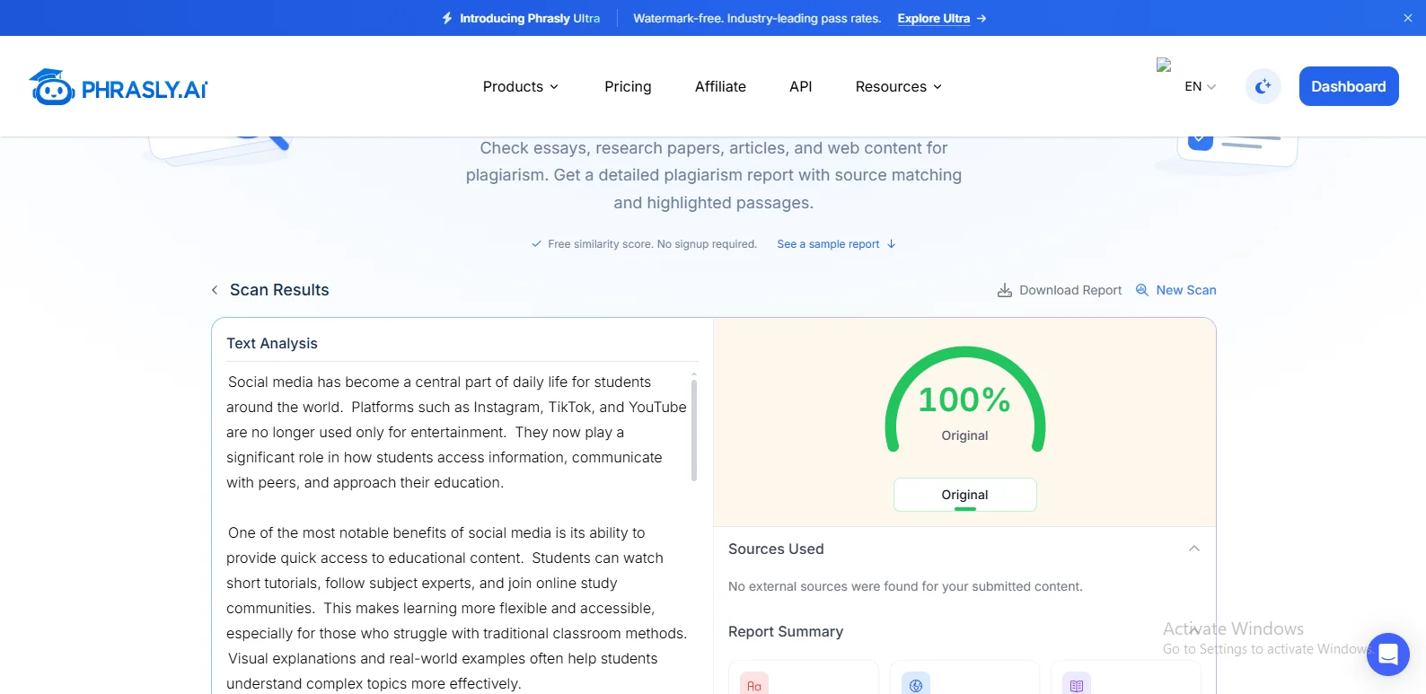 Phrasly Plagiarism Checker scan results showing a 100% Original score and the message that no external sources were found.