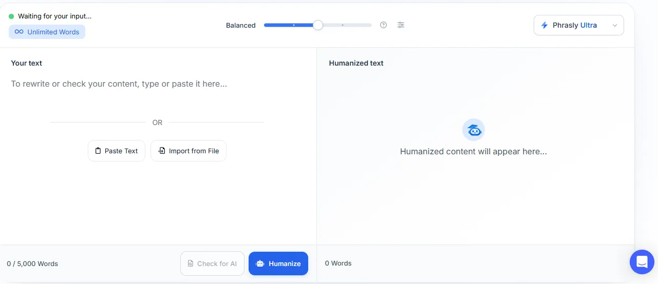 Phrasly Ultra selected in the Phrasly AI Humanizer with Balanced mode